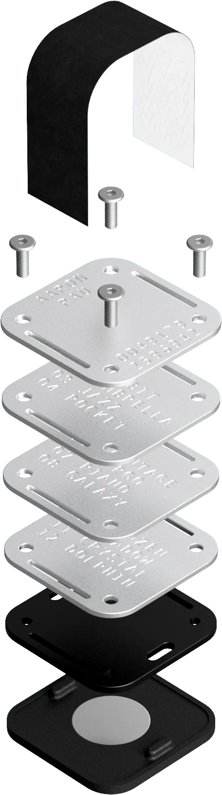 Coinbook exploded view — seal, screws, stamped steel plates, magnetic base