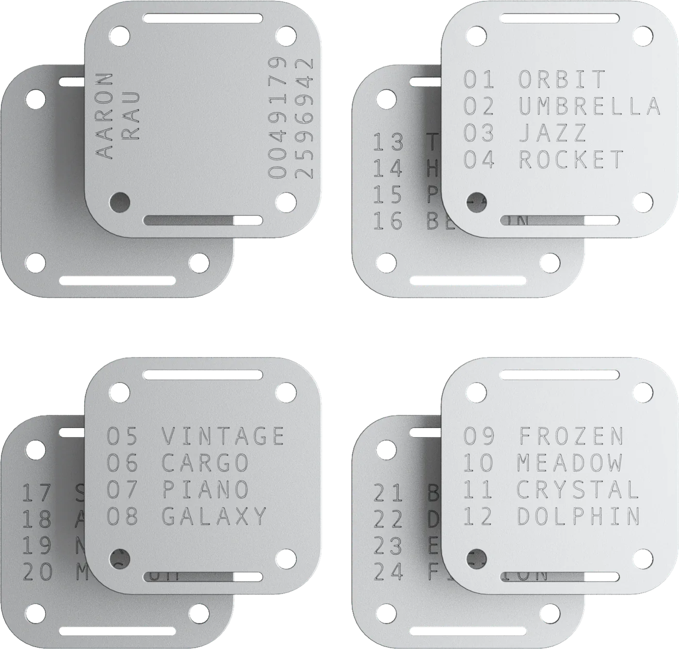 All plate sides of a 24-word Coinbook, stamped and laid out