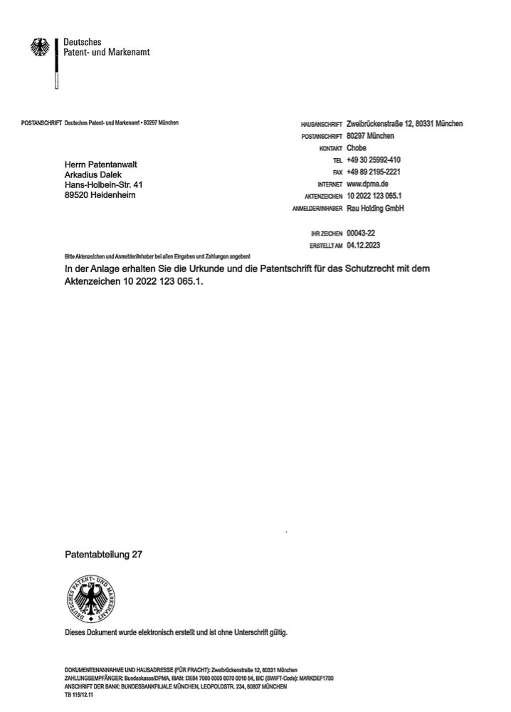 DPMA patent certificate — folding packaging