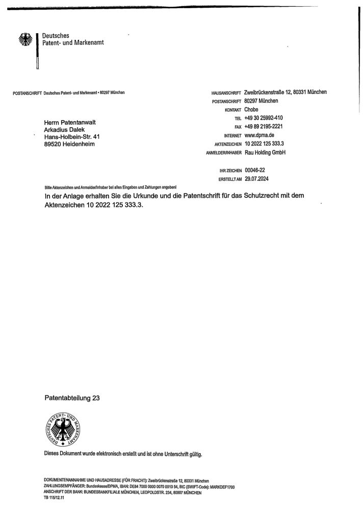 DPMA patent certificate — elastic band connection